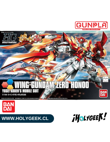 Model Kit Gunpla HGBF 1/144 Wing Gundam Zero Honoo de Bandai con ilustraciones dinámicas en tonos rojos y naranjas.