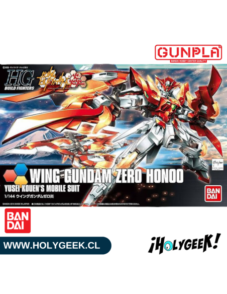 Model Kit Gunpla HGBF 1/144 Wing Gundam Zero Honoo de Bandai con ilustraciones dinámicas en tonos rojos y naranjas.
