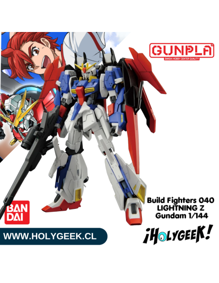 "Figura articulada y ensamblada del Lightning Z Gundam mostrando sus accesorios y diseño aerodinámico