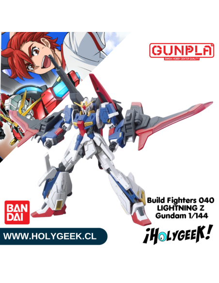"Figura articulada y ensamblada del Lightning Z Gundam mostrando sus accesorios y diseño aerodinámico