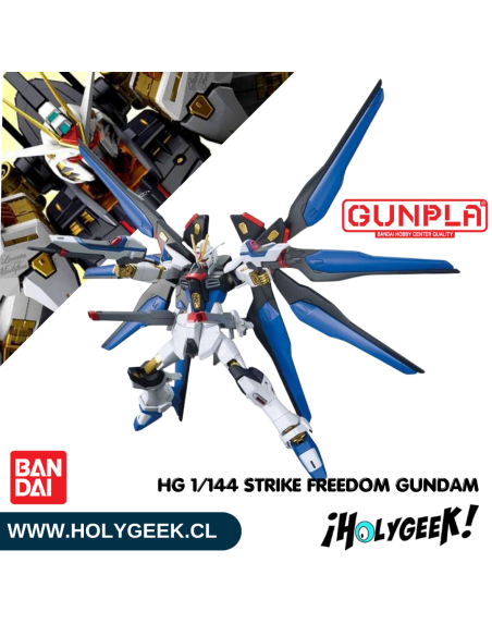 Figura ensamblada del Strike Freedom Gundam mostrando sus alas desplegadas y armamento