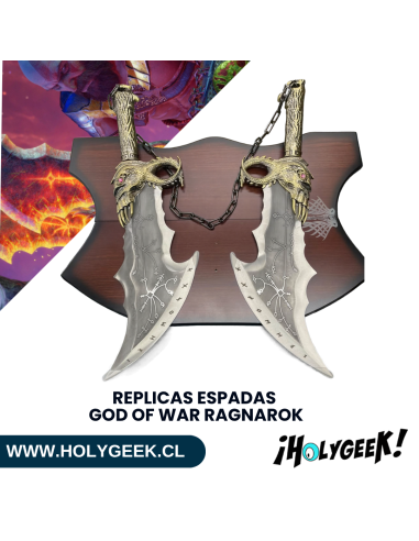 Replicas de las Espadas del Caos God of War Ragnarok en acero al carbono con base de madera para pared