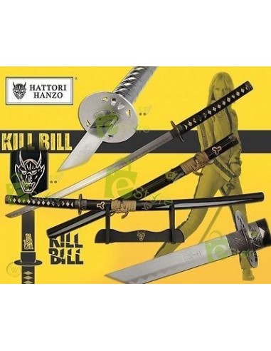 katana Hatori Hanzo de la película Kill Bill, con vaina negra y detalles dorados en la empuñadura y la guarda.