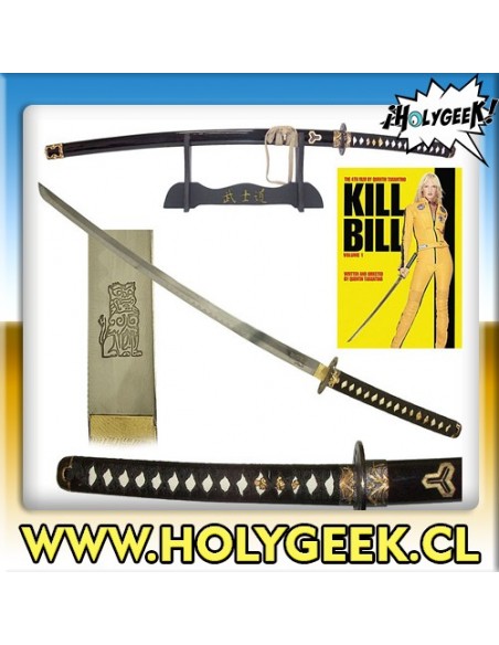 katana Hatori Hanzo de la película Kill Bill, con vaina negra y detalles dorados en la empuñadura y la guarda.