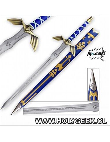Master Sword, con una hoja plateada y una empuñadura con detalles incluyendo las icónicas alas en la guarda.
