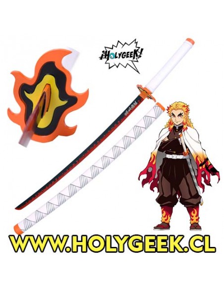 katana Nichirin de Rengoku Kyojuro de Demon Slayer, con un diseño de llama en la guarda